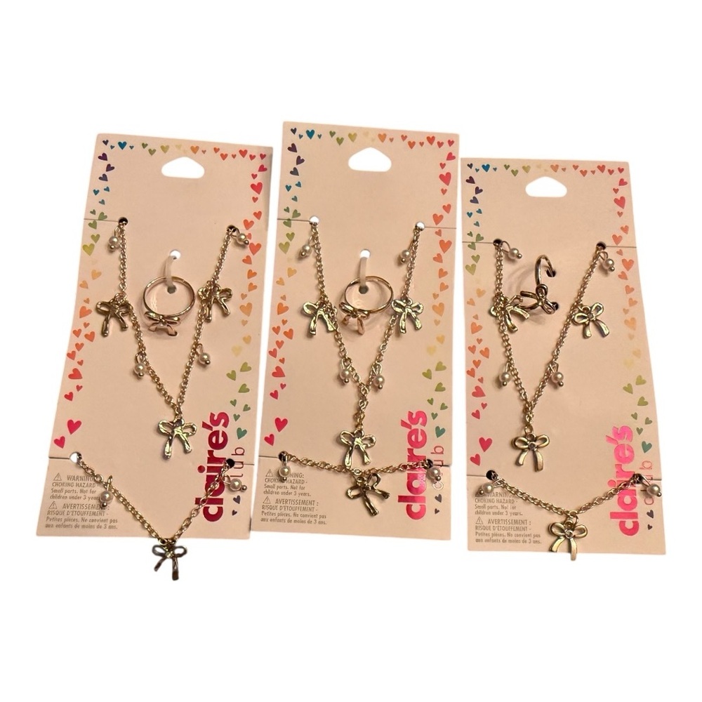 Bundle of Claire's Gold Bow Jewelry Sets, Necklace, Bracelet, Ring